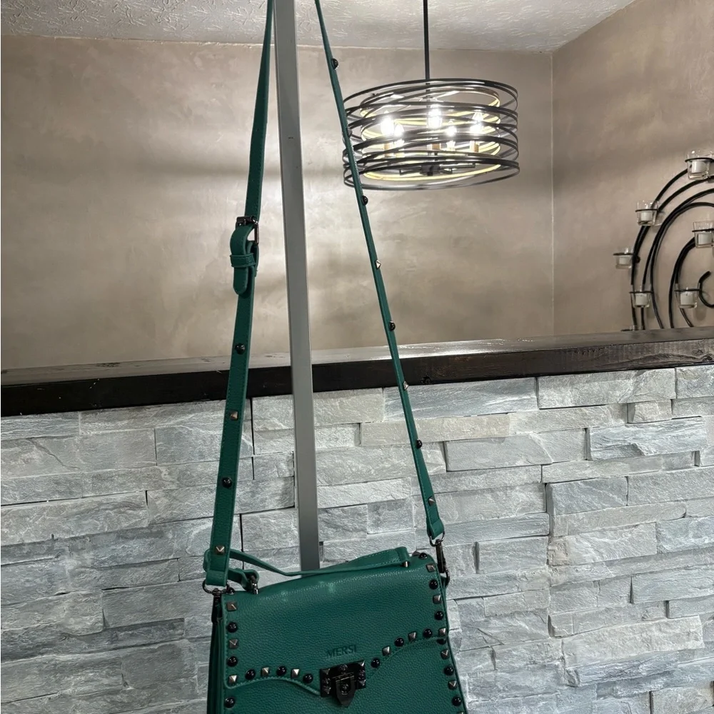 MERSI Teal Pebbled Leather Studded Crossbody Bag - Picture 2 of 10